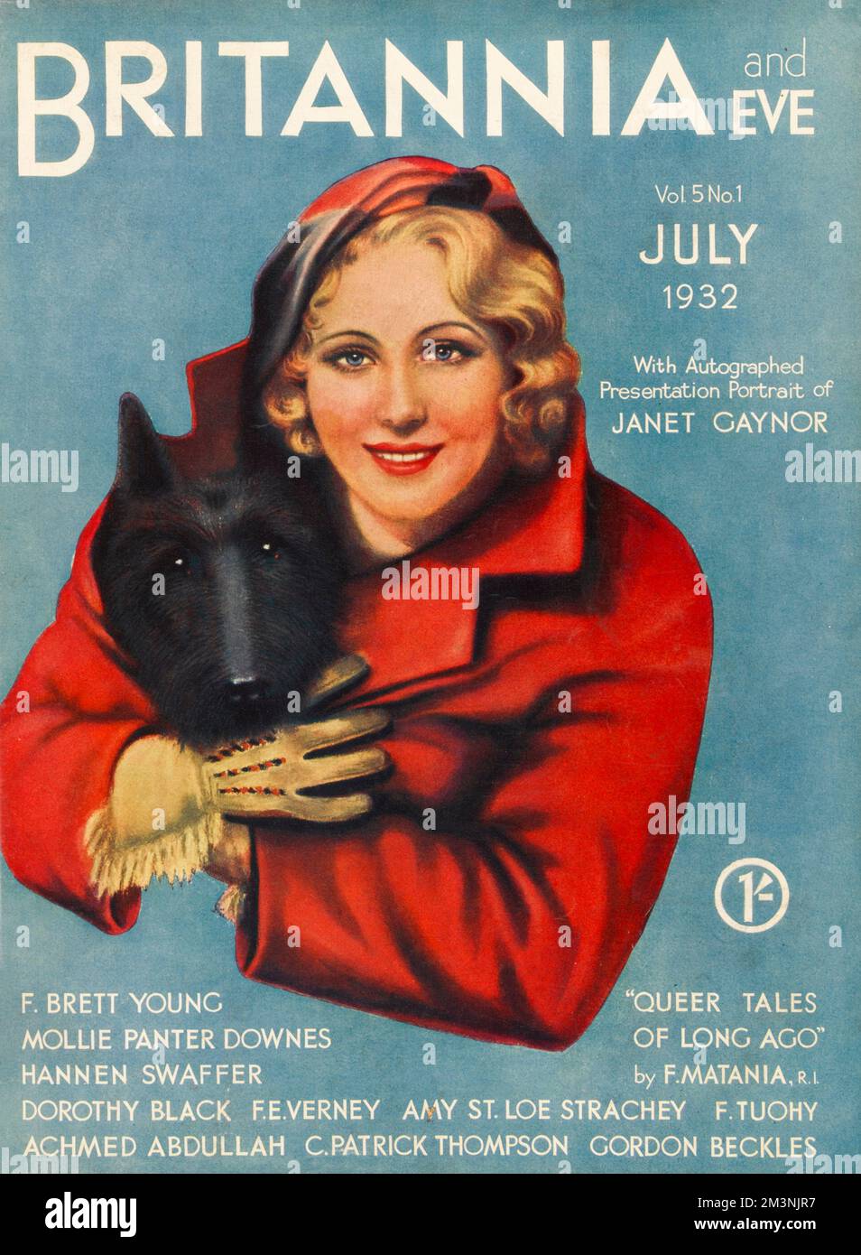 Illustration de la couverture avec une jeune femme tendance portant une veste rouge et des gants crème, qui semble plutôt chaudement habillée pour l'été. La tête d'un chien noir sort de l'intérieur de sa veste, à l'abri d'un coup de tête froid. Date: 1932 Banque D'Images