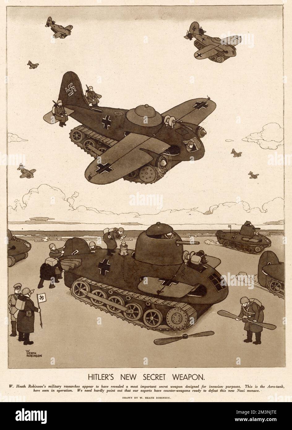 Illustration par William Heath Robinson de l'arme secrète militaire allemande conçue à des fins d'invasion. Un Aero-tank qui peut être tourné d'avion à réservoir très rapidement! Banque D'Images