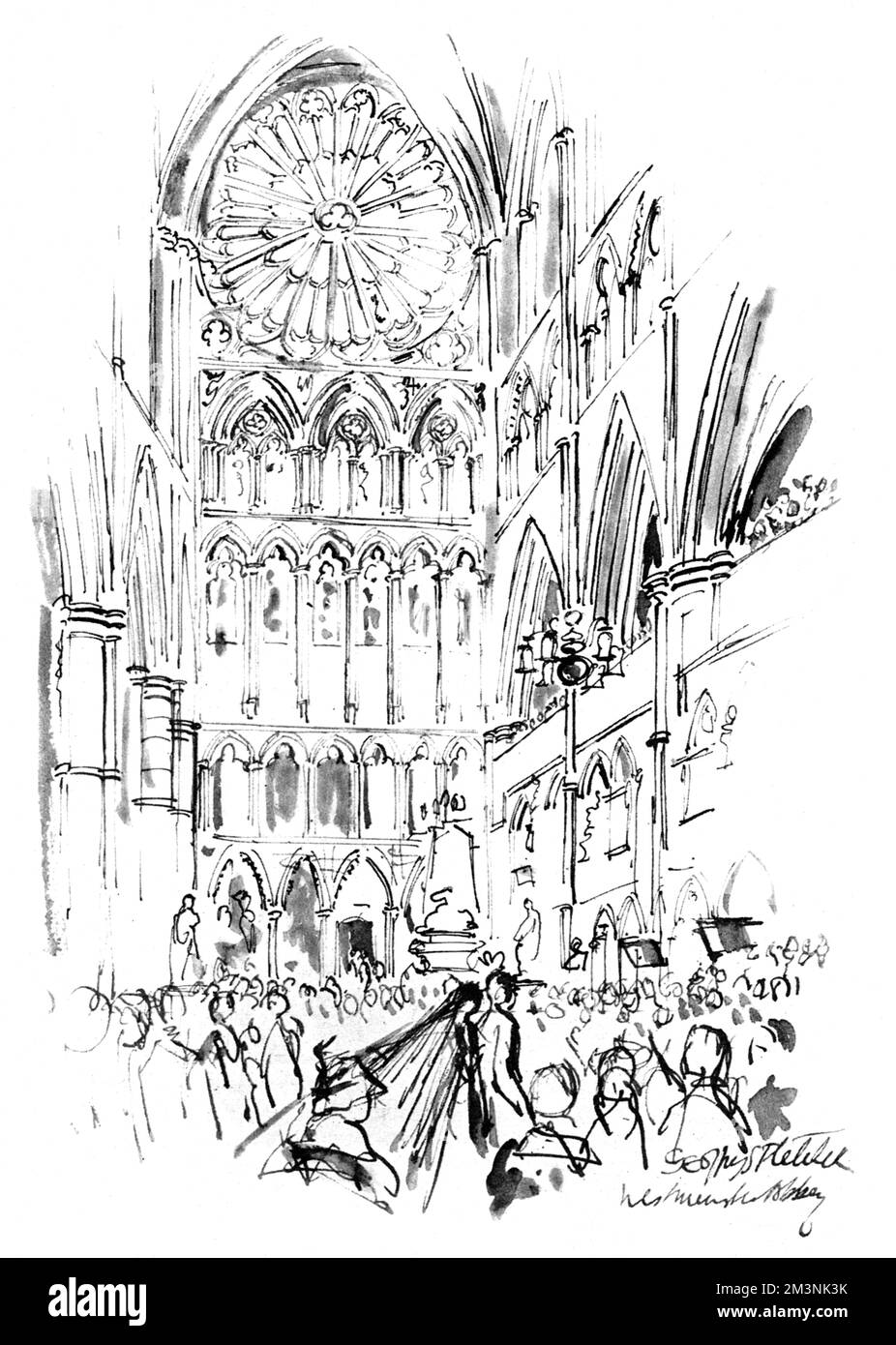 Une autre vue du mariage de la princesse Margaret à Anthony Armstrong Jones (Earl Snowdon) à l'abbaye de Westminster le 6 mai 1960. Ici, un croquis montre la procession de la mariée et de l'époux dans l'allée suivant leur mariage. Date: 1960 Banque D'Images