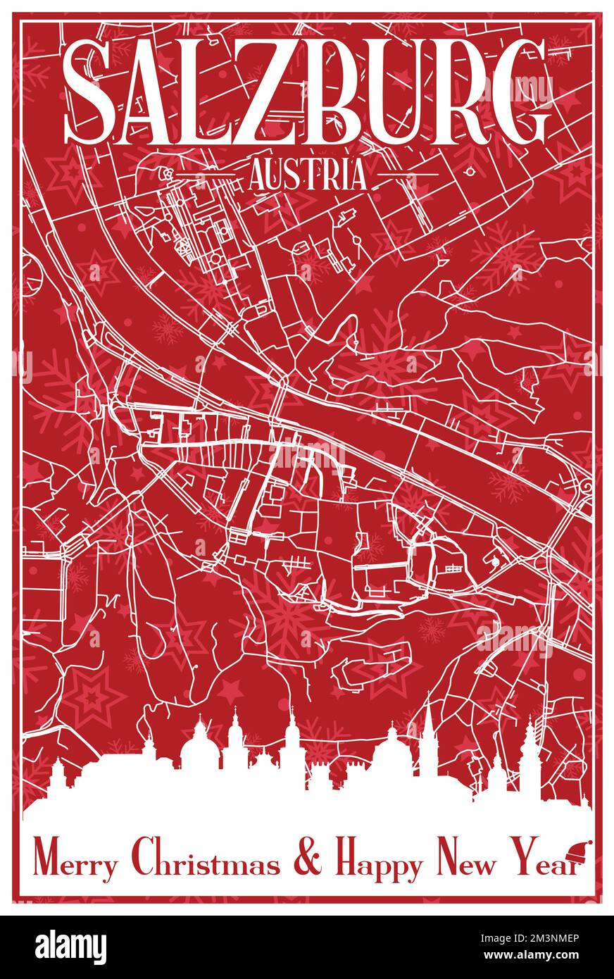 Carte postale de Noël rouge d'époque dessinée à la main du centre-ville DE SALZBOURG, AUTRICHE, avec ses gratte-ciel et ses lettres Illustration de Vecteur