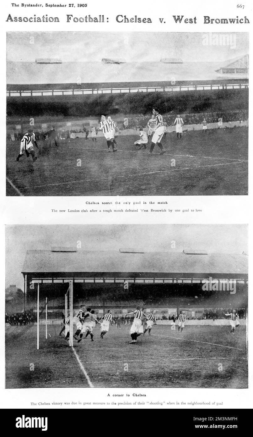 Deux photographies d'action de la deuxième Division au pont Stamford entre Chelsea et West Bromwich Albion, qui s'est terminée par une victoire de Chelsea de 1 à 0. West Broms sont dans leurs bandes traditionnelles, et en ces jours-là les gardiens de but portaient la même bande que le reste de l'équipe. C'était la première saison de Chelsea dans la Ligue, n'ayant été fondée qu'en mars 1905. Ils ont manqué la promotion d'une place, finissant la troisième, avec West Bromwich Albion une place derrière eux. Date : 23 septembre 1905 Banque D'Images