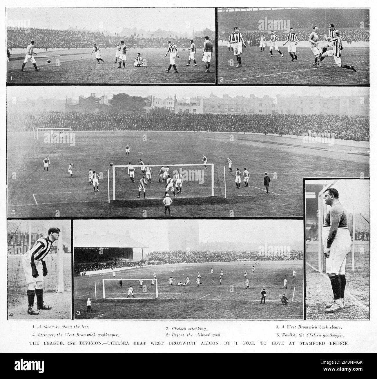 Un montage de photographies montrant l'action de la fixation entre Chelsea et West Bromwich Albion, dans la deuxième division de la Ligue de football, joué au terrain de Chelsea, Stamford Bridge. Le match a été remporté en 1-0 par Chelsea. C'était la première saison de Chelsea dans la Ligue de football, le club n'ayant été fondé qu'en mars 1905. Ils ont terminé troisième dans la division, manquant sur la promotion au niveau supérieur par un endroit, bien que plusieurs points les séparent des deux clubs supérieurs. West Bromwich Albion a terminé quatrième. Deux des photographies de ce montage montrent le goalkeepe respectif Banque D'Images