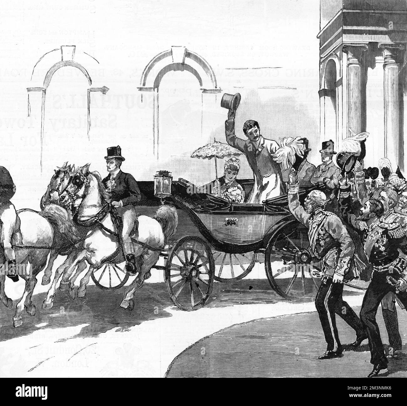 Départ de la mariée et de l'époux d'Osborne, applaudi par leurs invités de mariage. Date: 1885 Banque D'Images
