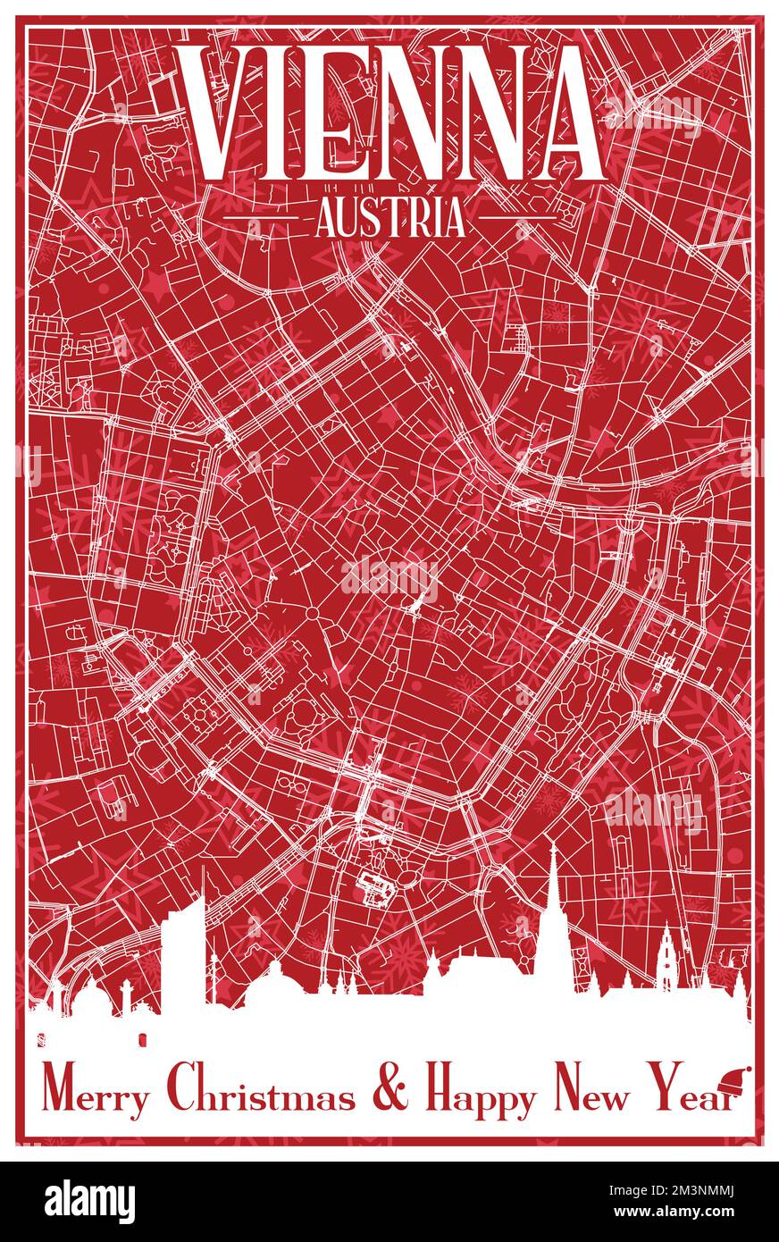 Carte postale de Noël rouge d'époque dessinée à la main dans le centre DE VIENNE, AUTRICHE, avec des lignes d'horizon et des lettres mises en évidence Illustration de Vecteur