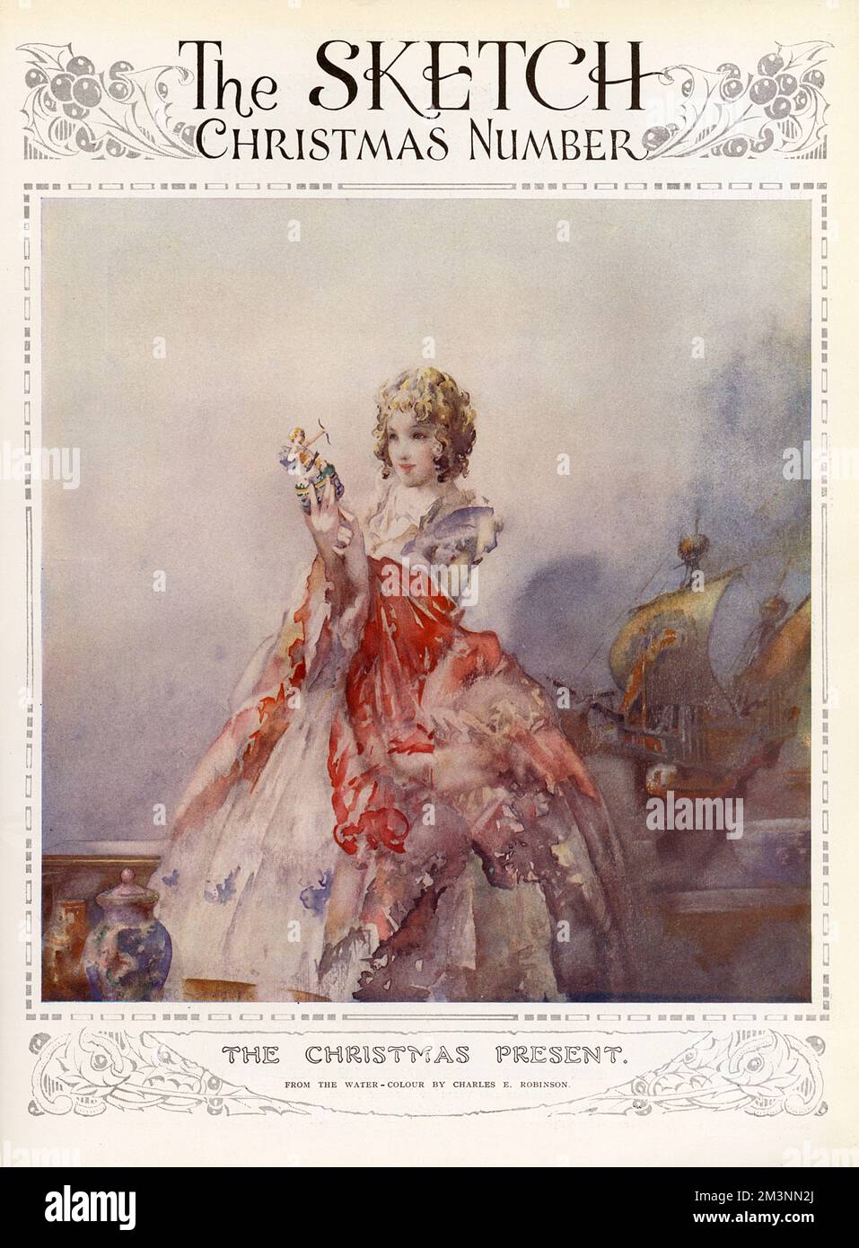 Deuxième couverture du magazine Sketch présentant une illustration par Charles Robinson d'une jeune femme dans une robe du 18th siècle regardant avec émerveillement une figurine. Un navire à l'arrière-plan suggère que ses dons exotiques viennent d'outre-mer. Date: 1934 Banque D'Images