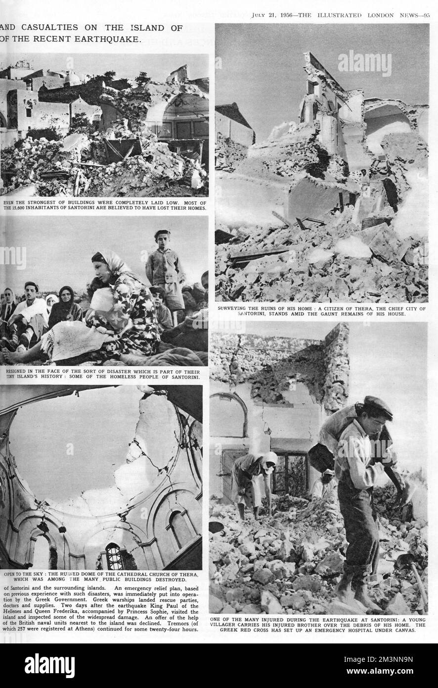 Les séquelles du tremblement de terre de Santorin, tel que rapporté dans le journal illustré de Londres sur 21 juillet 1956. Photographies de bâtiments détruits, de réfugiés et de gravats, ainsi qu'un court article. Juillet 1956 Banque D'Images