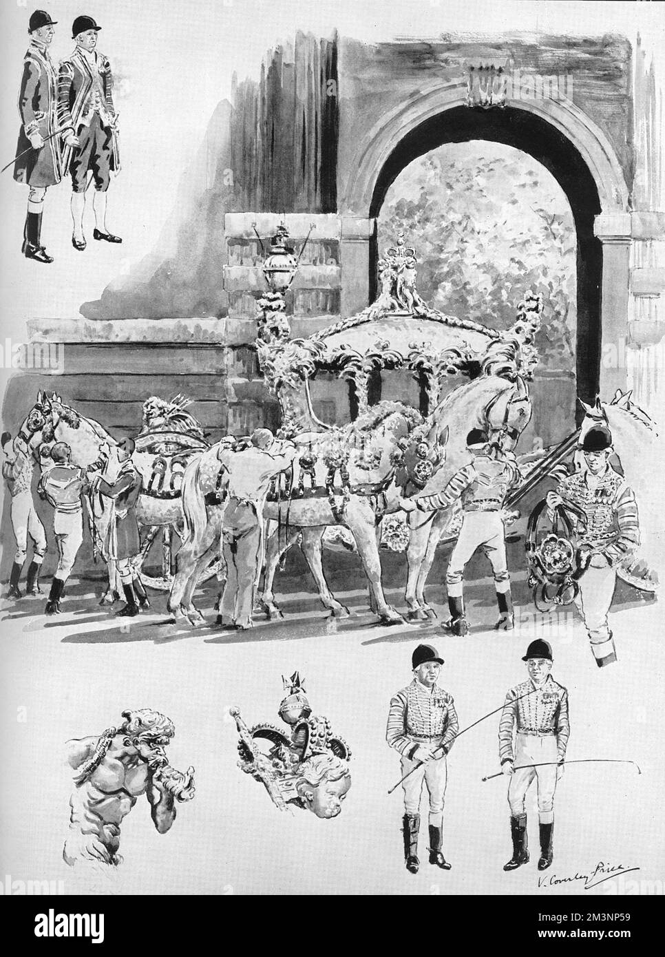 Les marié et les postiliens préparent les chevaux et l'autocar à Windsor pour le voyage de Coronation à travers Londres. L'illustration inclut certains des détails sculpturaux de l'entraîneur , y compris Triton soufflant une coquille de conch. Date: 1953 Banque D'Images