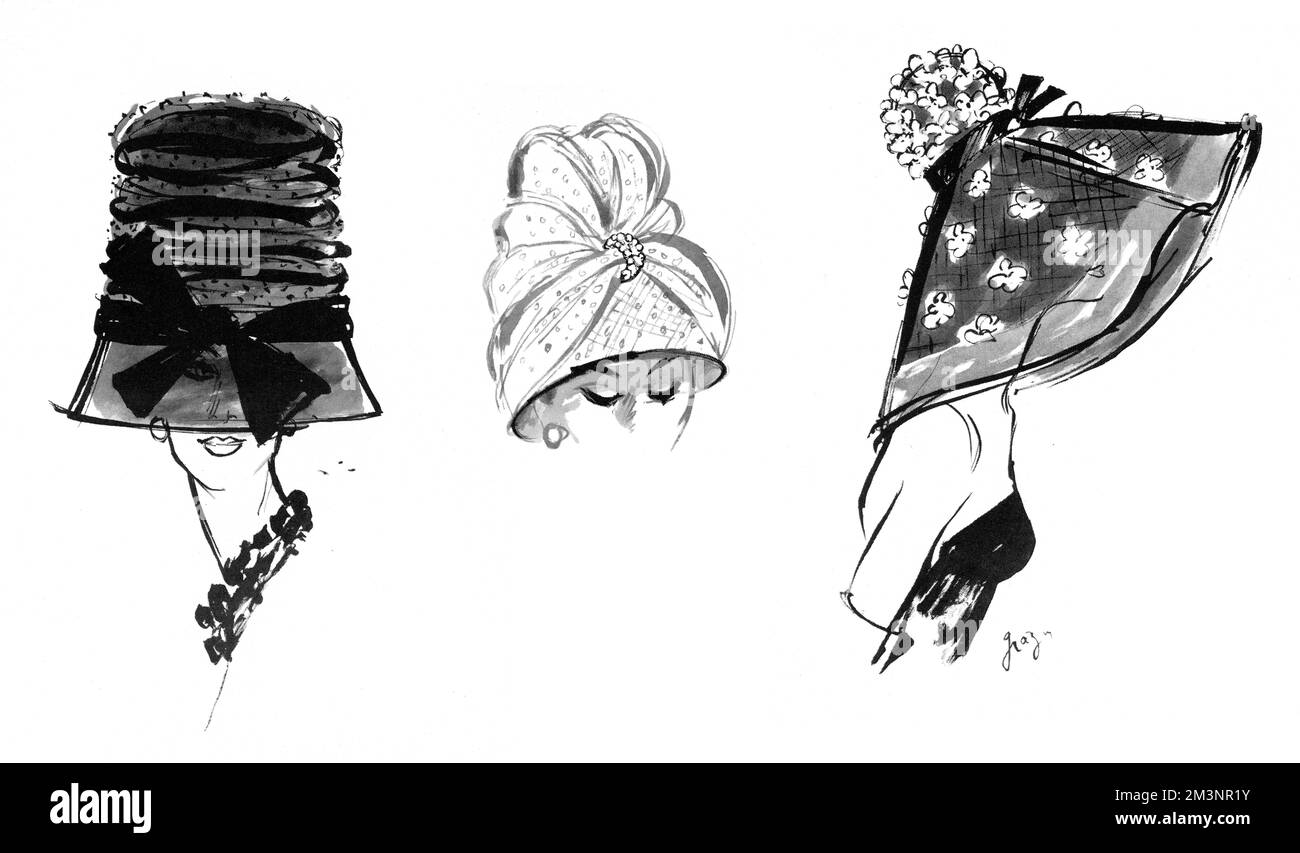 Trois chapeaux de Bernard Devaux, conception pour Lanvin Castillo et disponible par le biais de la doublure britannique Simone Mirman. En haut à droite est une forme de turban en filet blanc cloué d'un croissant de bijoux. Au-dessus de la gauche se trouve un chapeau de tulle noire rigidifiée parsemé de têtes de fleur en organza vert pâle et garni d'un ruban de cercle noir, tandis que le modèle ci-dessous prend une ligne haute en filet de point d'esprit noir avec un vizor de tulle noire et une boucle de ruban noir. Date: 1960 Banque D'Images