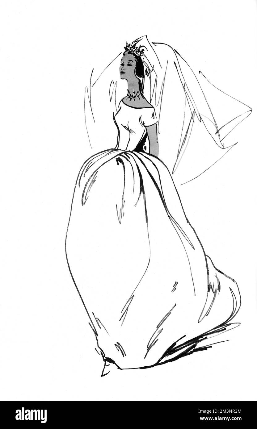 Une robe de mariage jeune et fraîche conçue par Norman Hartnell pour le mariage de Jill Benton Jones avec M. William McAlpine en 1960. Le matériau est de la plus pâle coquille rose double satin, avec un corsage ajusté et une jupe très complète repliée doucement à l'avant et s'étalant dans un long train à l'arrière. Le voile de trois quarts de longueur de tulle tourbillonnante est légèrement teinté de rose et maintenu en place par un diadème d'étoiles étincelantes. Date: 1960 Banque D'Images
