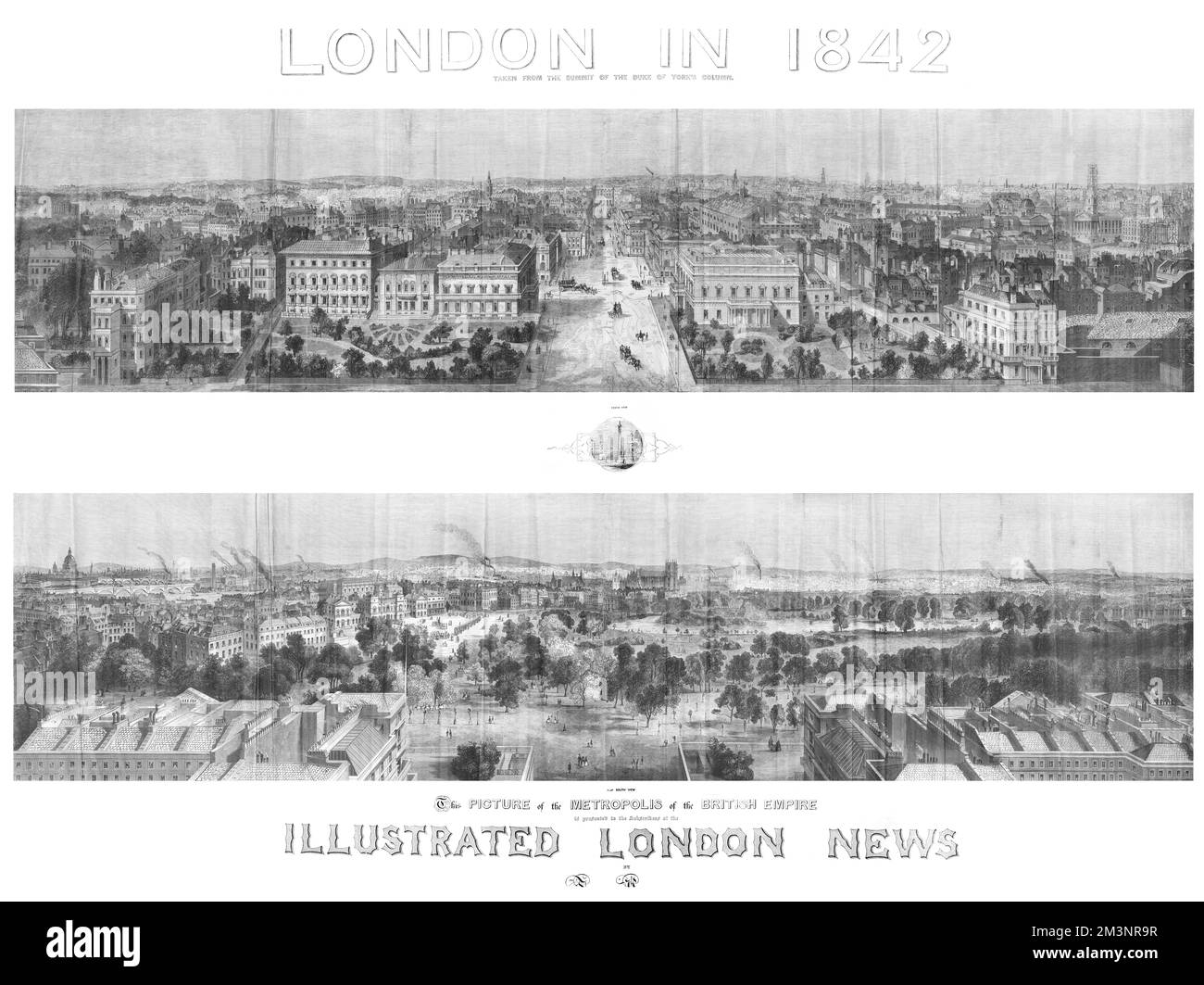 The Colosseum Print, une vue sur le nord et le sud de Londres, basée sur une photo d'Antoine Claudet prise du sommet de la colonne du Duc de York, 124 pieds de haut. Un artiste, C.F.Sargent, a ensuite attiré les détails photographiques sur un bloc de bois qui a été ensuite envoyé à la firme de gravure d'Ebenezer Landells. Deux mois de travail continu ont suivi et le travail a été imprimé par Palmer et Clayton. La photo a été donnée aux abonnés avec le numéro du 7th janvier 1843 de The Illustrated London News. Date: 1843 Banque D'Images