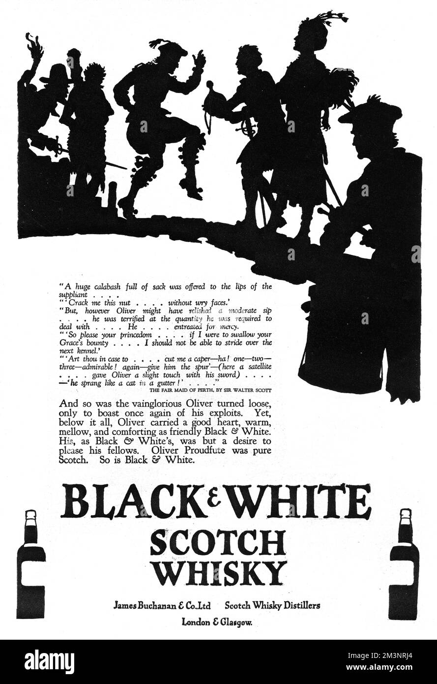 Publicité pour Black & amp; White Scotch Whisky, avec une belle silhouette représentant un Oliver Proudfute dansant et une citation de « The Fair Maid of Perth » de Sir Walter Scott. Date: 1927 Banque D'Images