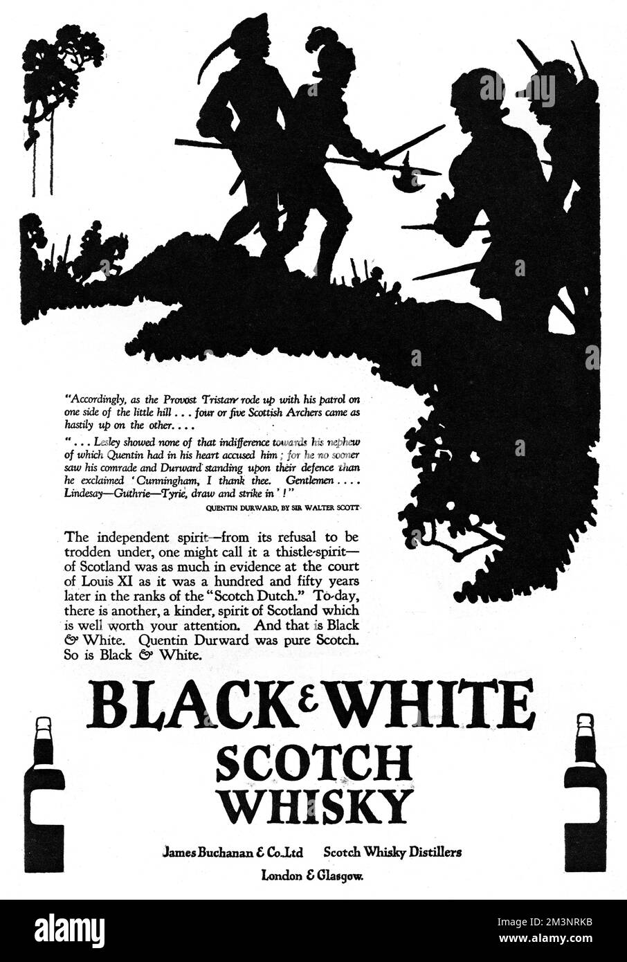 Publicite Pour Black Amp White Scotch Whisky Avec Une Belle Silhouette Montrant Quentin Durward Et Son Neveu Leslie Debout Devant Le Provost Tristan Et Sa Patrouille Et Une Citation De