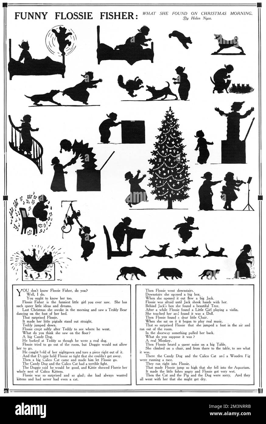 Un ensemble séquentiel d'illustrations de silhouette accompagnant un poème, drôle Flossie Fisher par Helen Nyce représentant une petite fille ayant une série de surprises le matin de Noël. Date: 1911 Banque D'Images