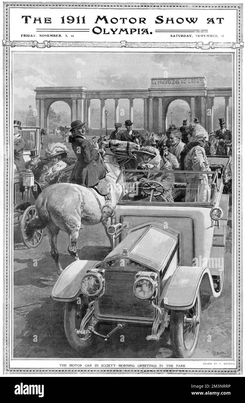 Réunion de la société à Hyde Park, Londres en 1911, certains à cheval, d'autres dans de nouvelles voitures brillantes. Illustration pour accompagner un supplément dans le rapport sphère sur le salon de l'Olympia Motor Show. Date: 1911 Banque D'Images