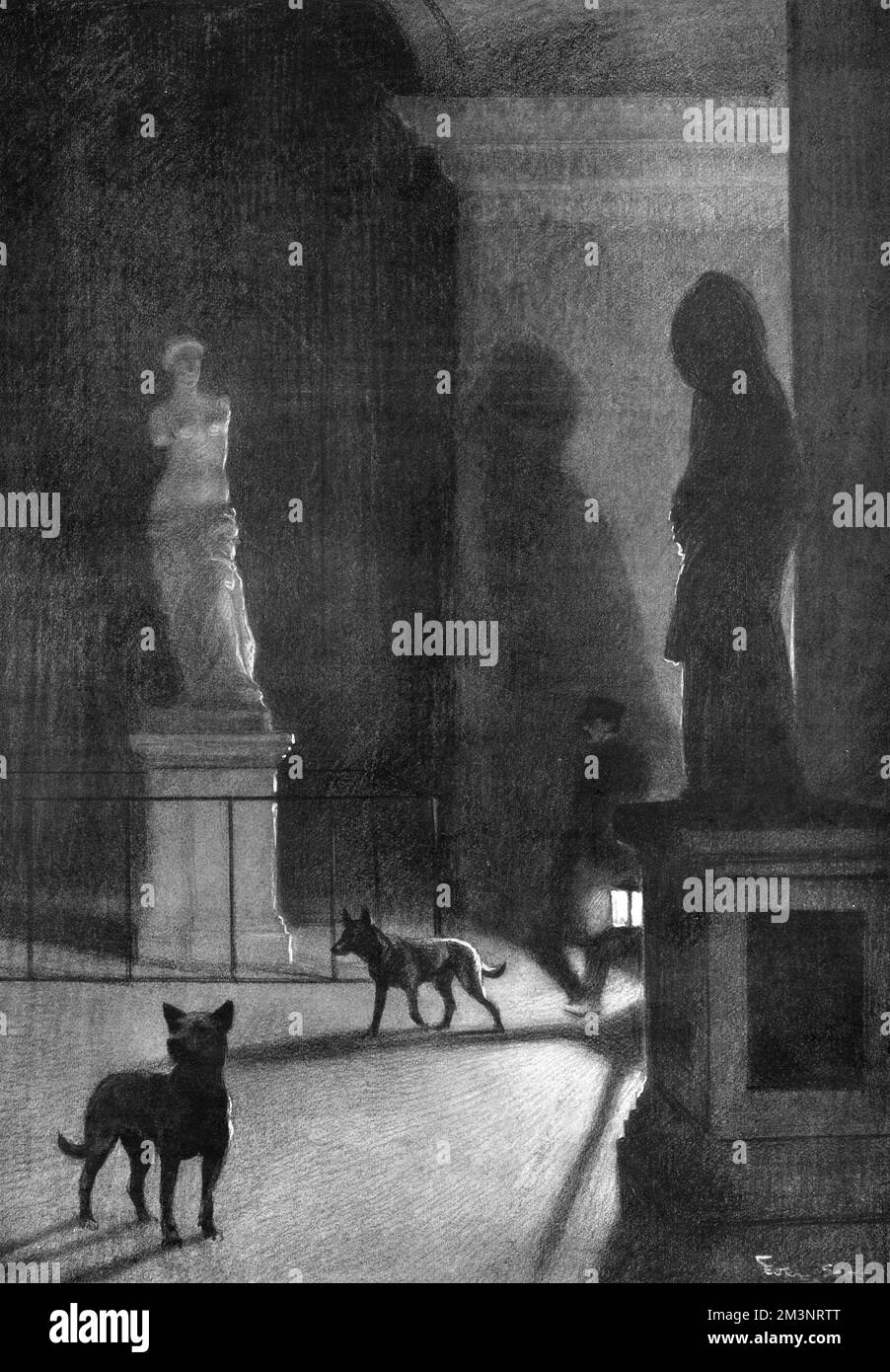 Chiens patrouillant au Louvre la nuit après le vol de Mona Lisa Banque D'Images