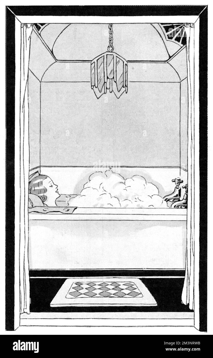 Une dame s'incline dans un bain chaud très confortable, profitant de l'effet apaisant sur le système nerveux du bain de mousse Zotis. Date: 1930 Banque D'Images