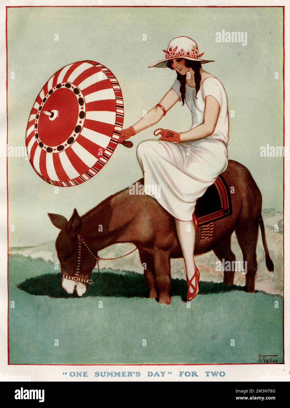 Un jour de Summers pour deux, Une femme vêtue d'une robe blanche et d'un chapeau fleuri, tenue sur un parasol, à cheval sur un âne dans un pré. Date: 1923 Banque D'Images