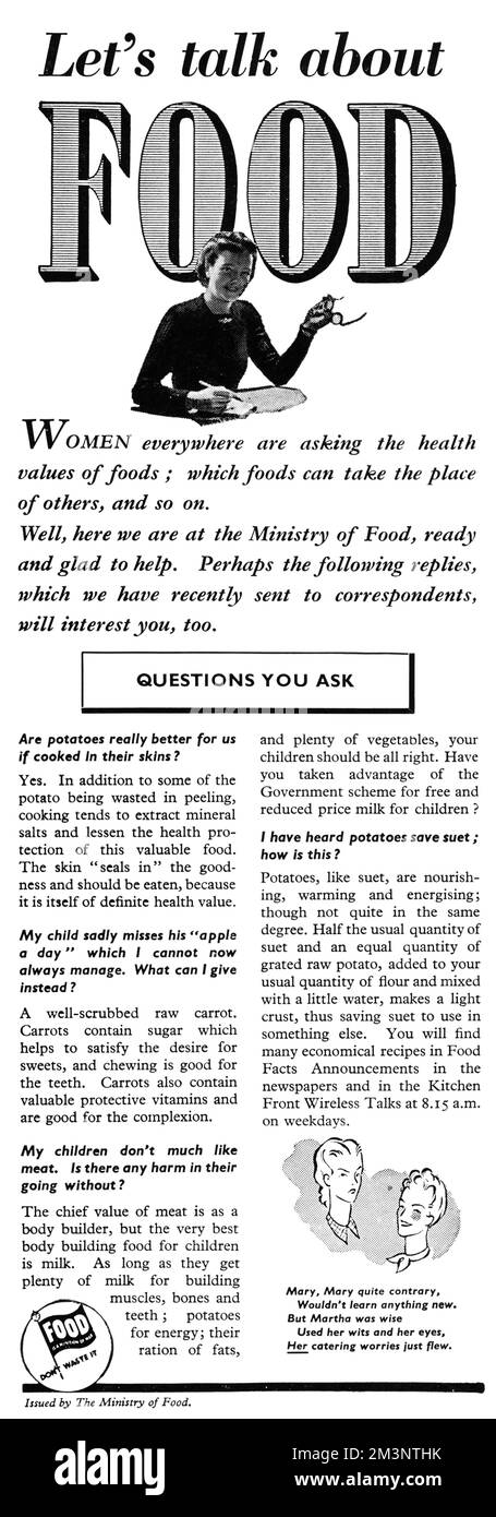 Annonce pour le Ministère de l'alimentation 1941 Banque D'Images