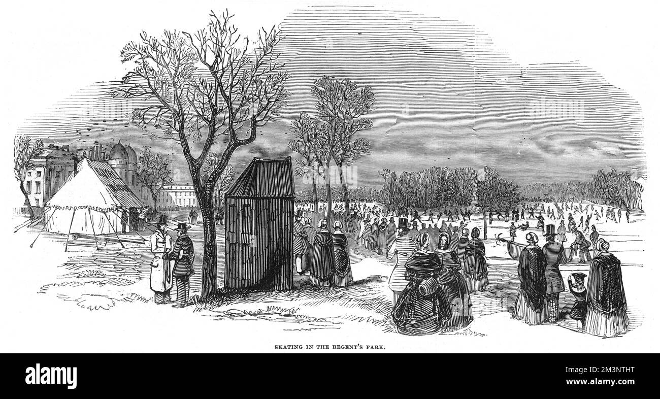 Patinage à Regent's Park, Londres, sur le lac de canotage gelé. Des Icemen de la Royal Humane Society se sont tenus à de telles occasions d'essayer de secourir toute personne tombant sur la glace en cas d'accident. 1844 Banque D'Images