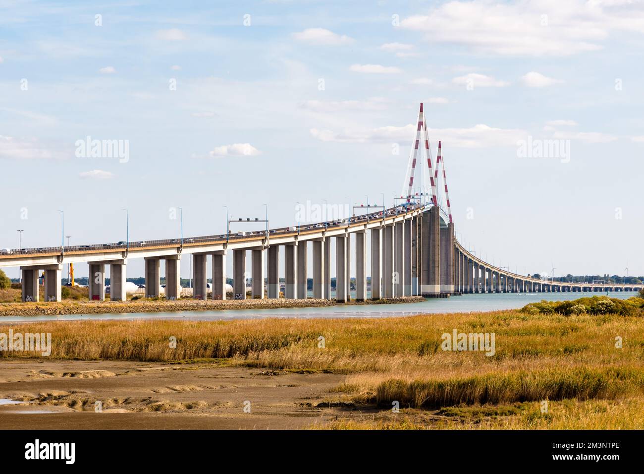 Le pont Saint-Nazaire est un pont à câbles qui traverse l'estuaire de la Loire en France, entre Saint-Nazaire et Saint-Brevin-les-Pins. Banque D'Images