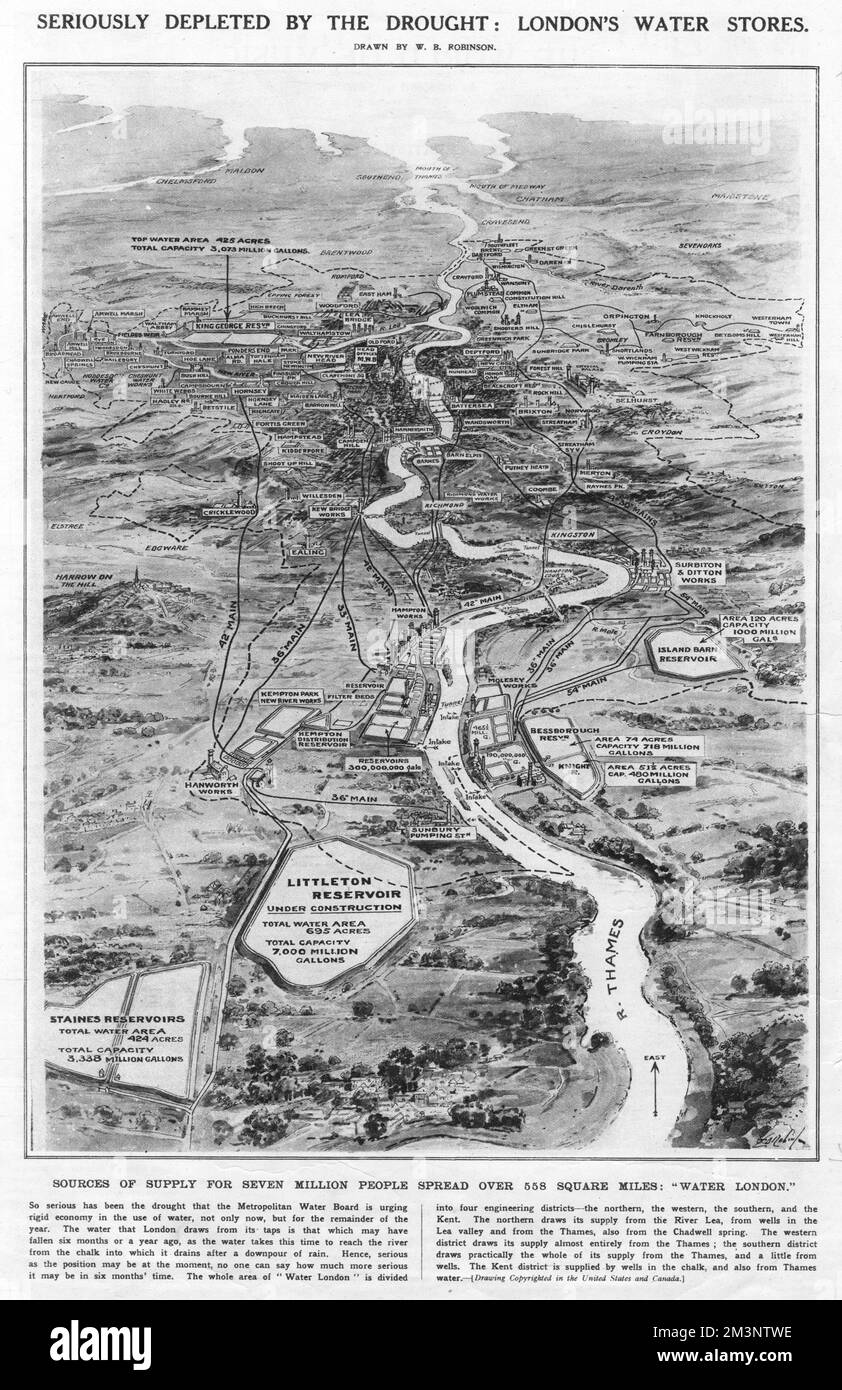Sérieusement appauvri par la sécheresse : les réserves d'eau de Londres en 1921 pour sept millions de personnes, réparties sur 558 milles carrés. L'estuaire de la Tamise est vu vers l'est, vers la mer, avec les diverses sources d'eau illustrées. Date: 1921 Banque D'Images