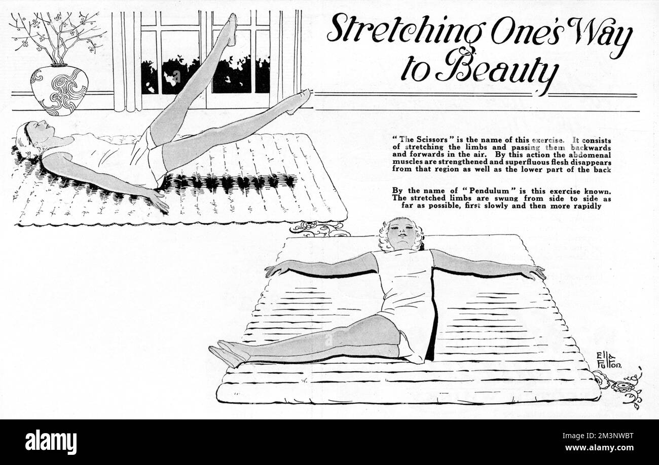 Images illustrant deux exercices, les 'ciseaux' et le 'pendule' conçus pour garder la figure propre et la garniture pour 1920s dames. Date: 1927 Banque D'Images