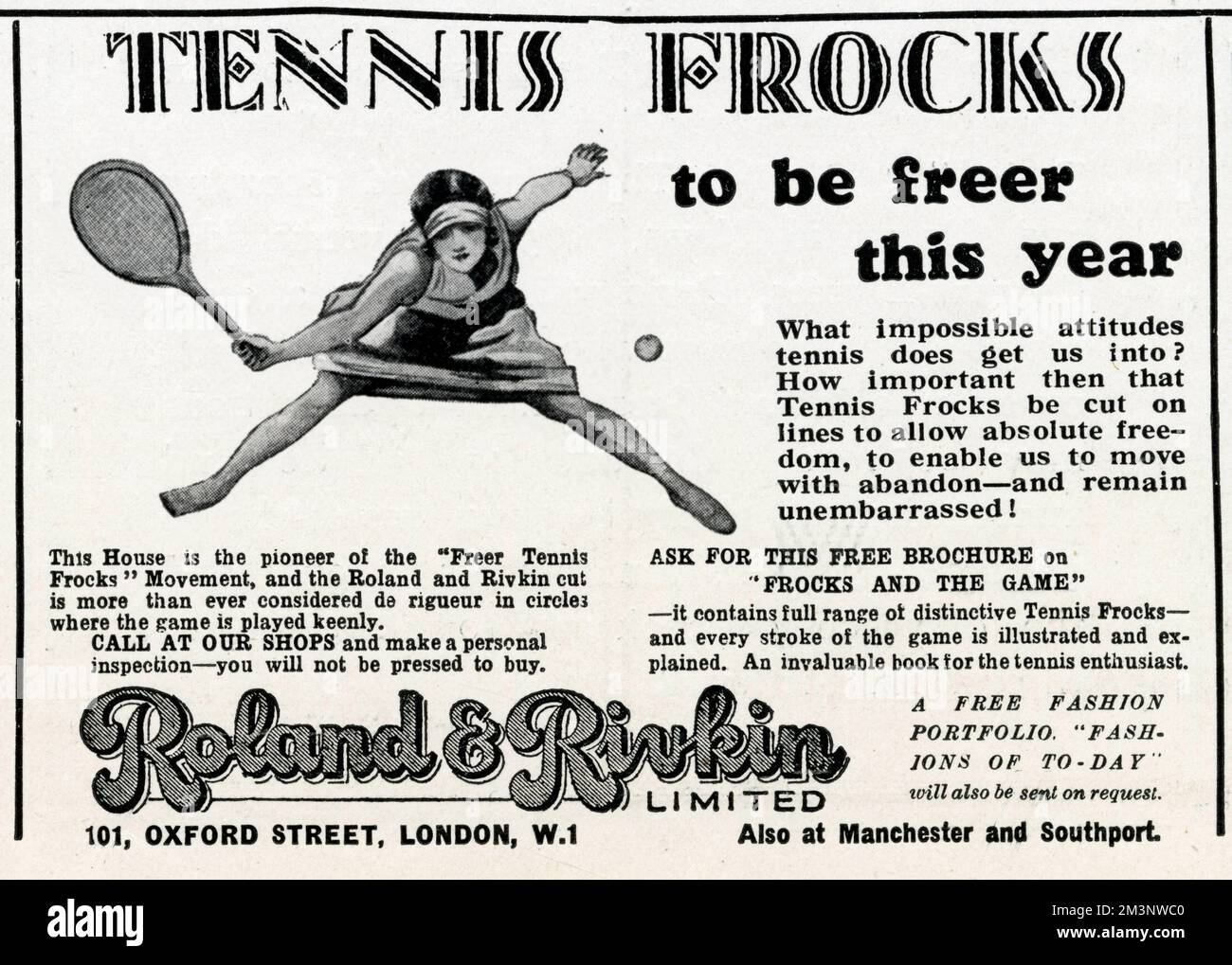 La publicité pour les frocks de tennis « plus libres » de Roland et Rivkin, qui considèrent une telle coupe de rieur dans les cercles où le jeu est joué avec enthousiasme. Date: 1927 Banque D'Images