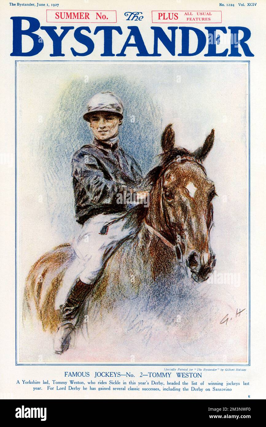 Tommy Weston, jockey du Yorkshire qui a été champion jockey en 1926. A roulé pour Lord Derby et a gagné le Derby sur Sansovino en 1924. Date: 1927 Banque D'Images