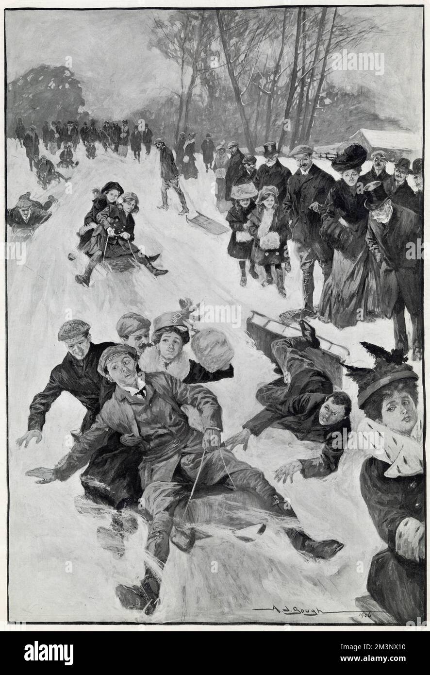 Pour les adultes comme pour les enfants, profiter de leur journée dehors dans la neige, traîneaux à Hampstead Heath, Londres. Date: 1907 Banque D'Images