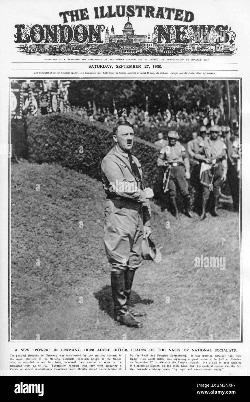 Adolf Hitler, dirigeant du Parti national-socialiste en Allemagne, photographié sur la couverture de The Illustrated London News au moment où son parti a remporté une victoire écrasante aux élections. Banque D'Images