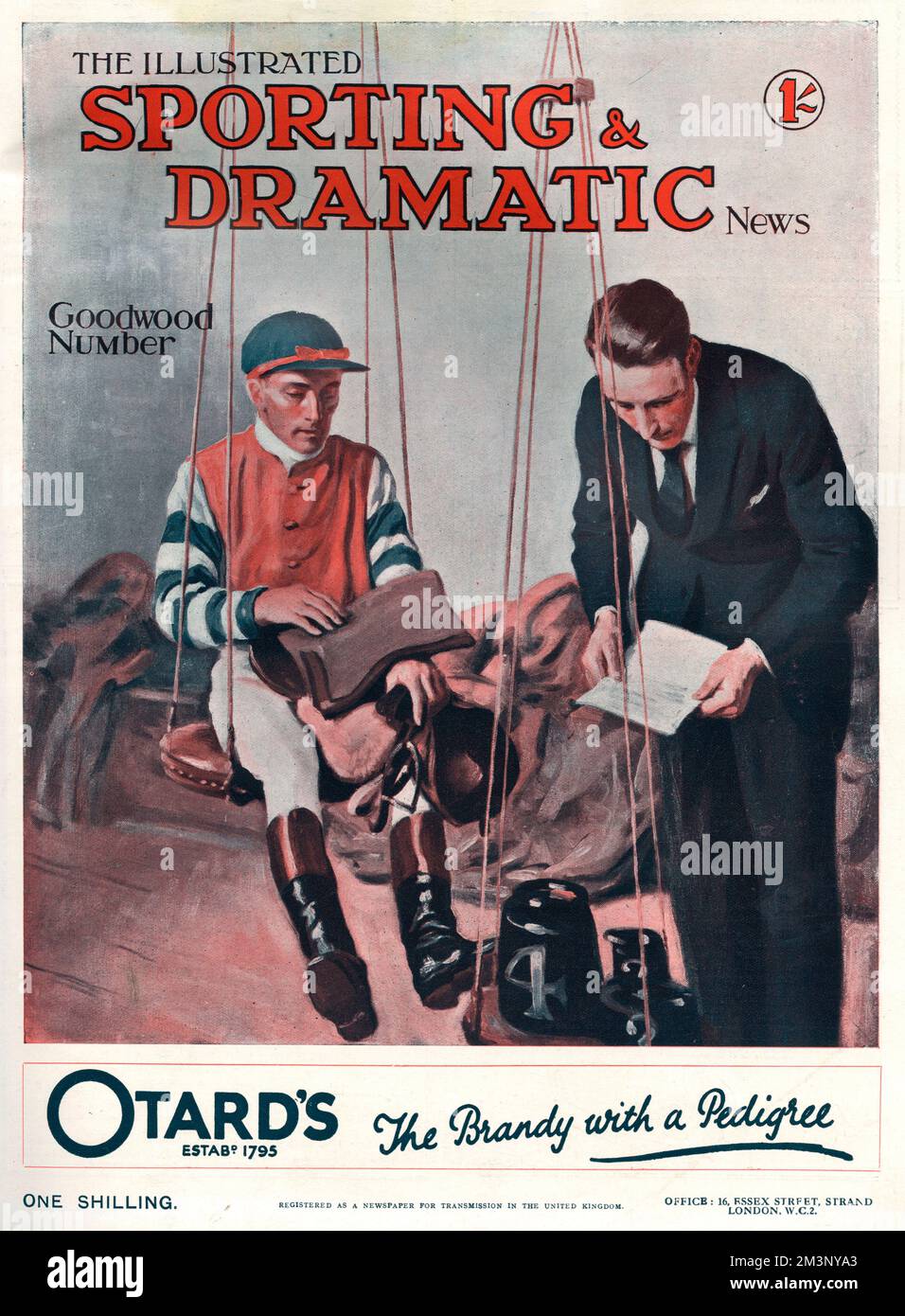 Couverture du numéro de Goodwood de l'Illustrated Sporting and Dramatic News avec un jockey dans la salle de pesée avant une course. Date: 1928 Banque D'Images