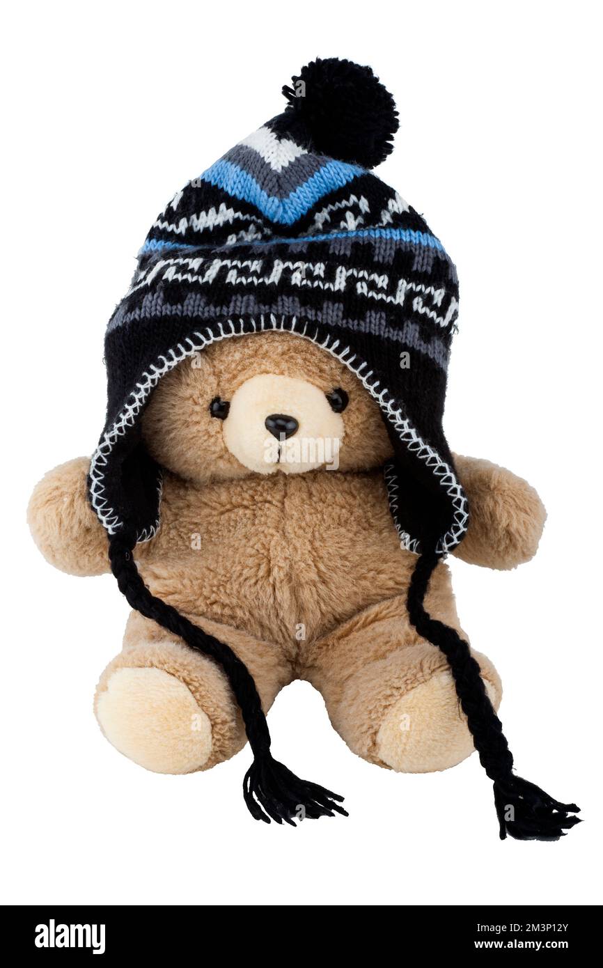 Ours en peluche avec chapeau d'hiver isolé sur fond blanc Banque D'Images