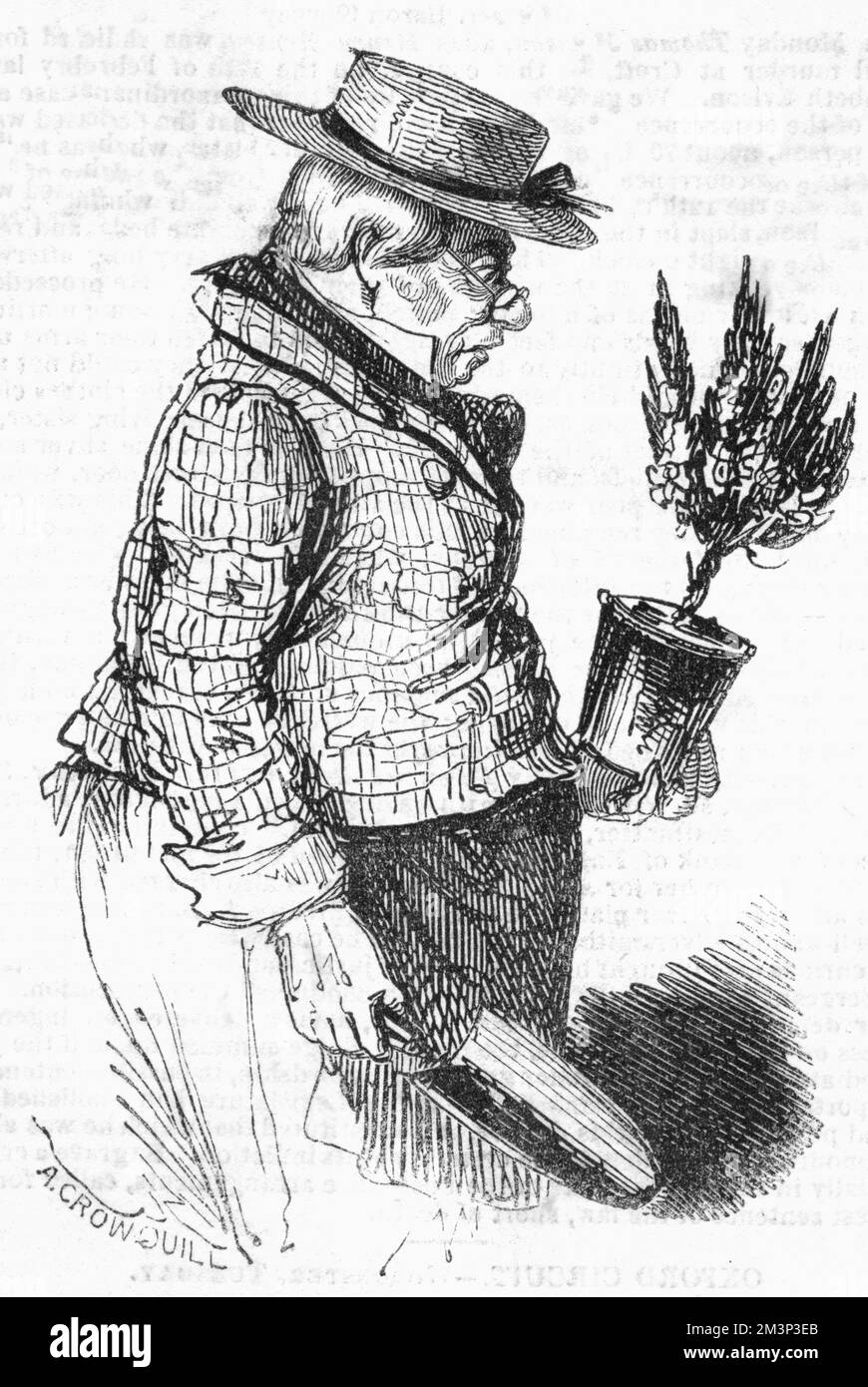 L'horticole homme d'affaires: Un jardinier concernant une plante en pot. Date: 1843 Banque D'Images