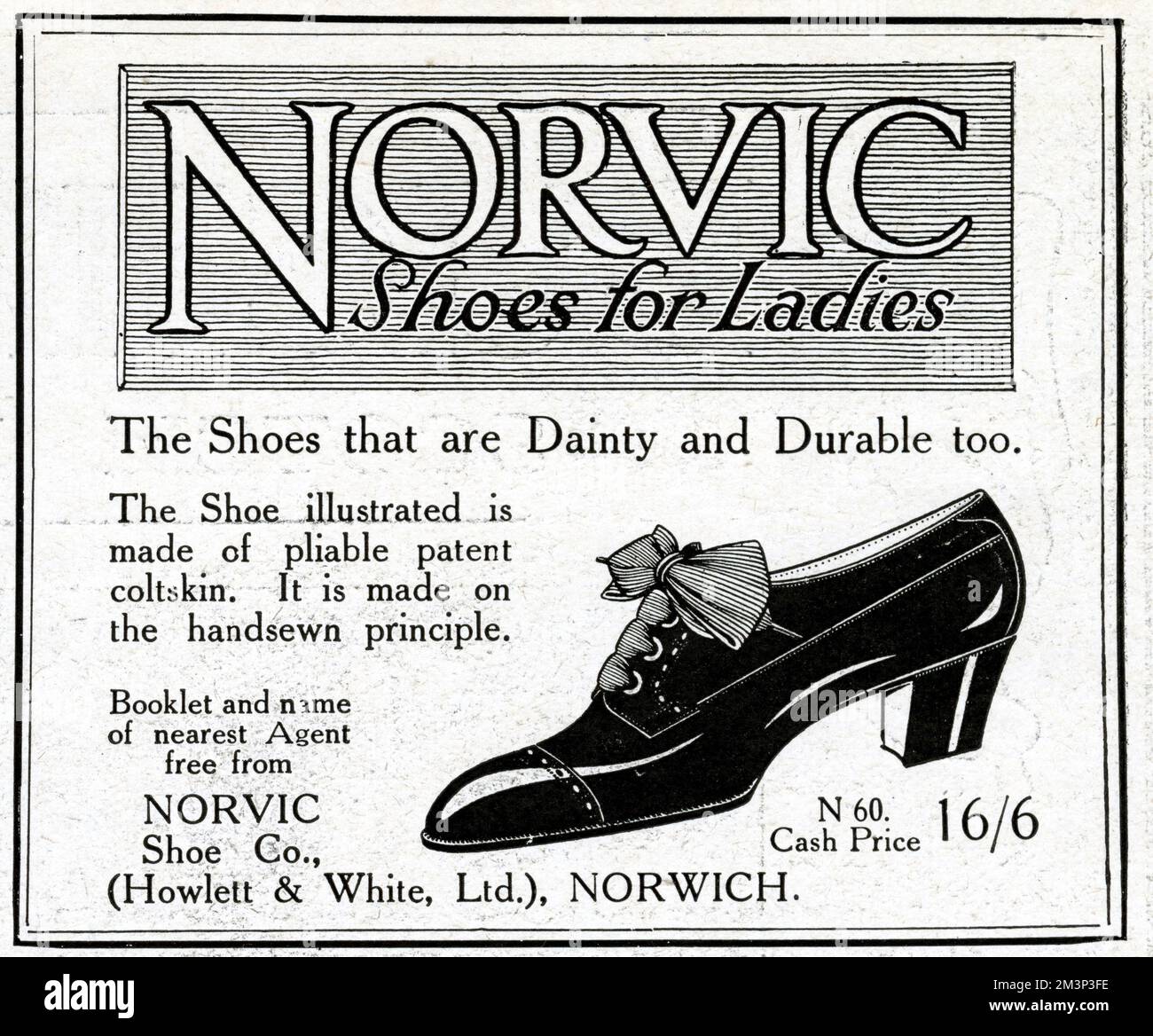 Publicité pour Norvic chaussures pour dames -- les chaussures qui sont  dainty et durable aussi. En peau de froid vernie souple, cousue à la main.  De Norvic (Howlett & amp; White Ltd)