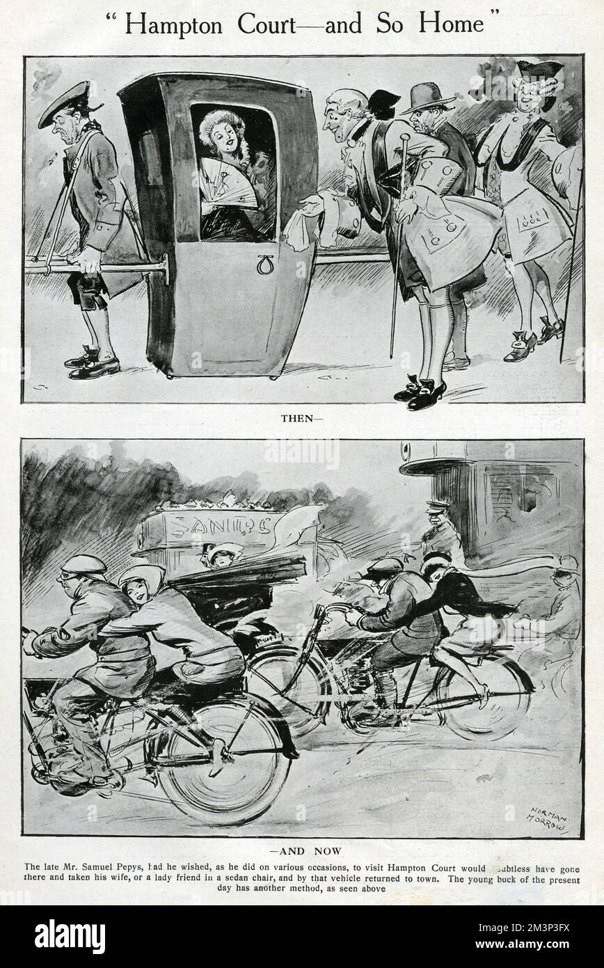 Deux formes contrastées de transport, alors et maintenant. Ci-dessus: Une dame dans une chaise de berline, sur le point de quitter Hampton court pour la maison. Ci-dessous : un voyage plutôt plus racé, montrant deux jeunes femmes qui voyagent sur le dos de leur moto pour jeunes hommes, et une autre femme à l'arrière d'une voiture à toit ouvert. Date: 1914 Banque D'Images