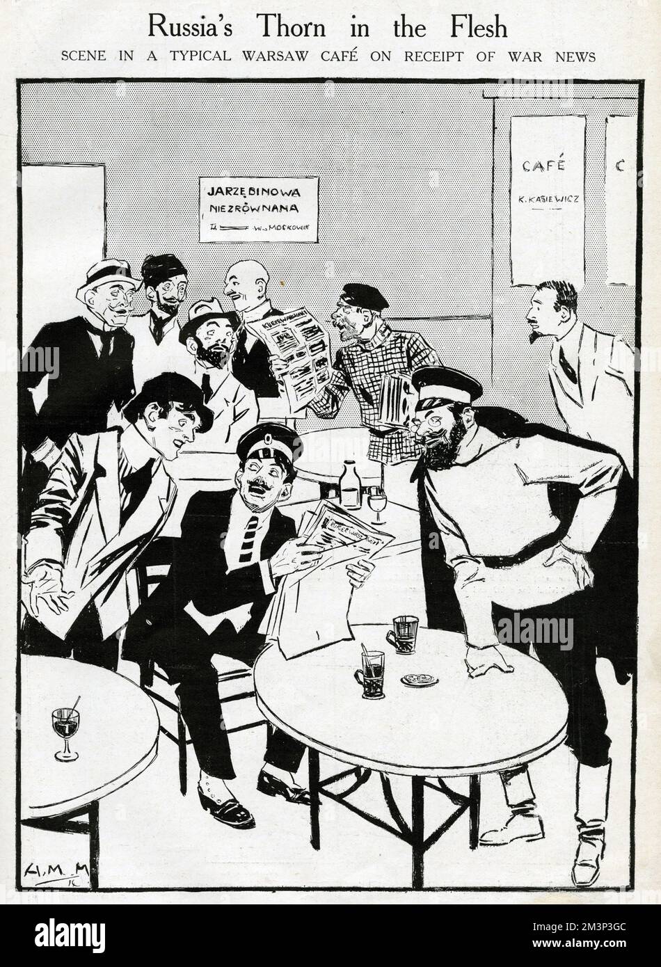 Caricature, Thorn de Russie en chair, montrant une scène dans un café typique de Varsovie à la réception des nouvelles de guerre. Date : août 1914 Banque D'Images