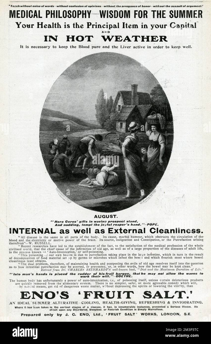 Publicité pour Eno's fruit Salt, avec une scène de récolte idyllique au centre. Promu comme un moyen de garder la santé par temps chaud. Date: 1914 Banque D'Images