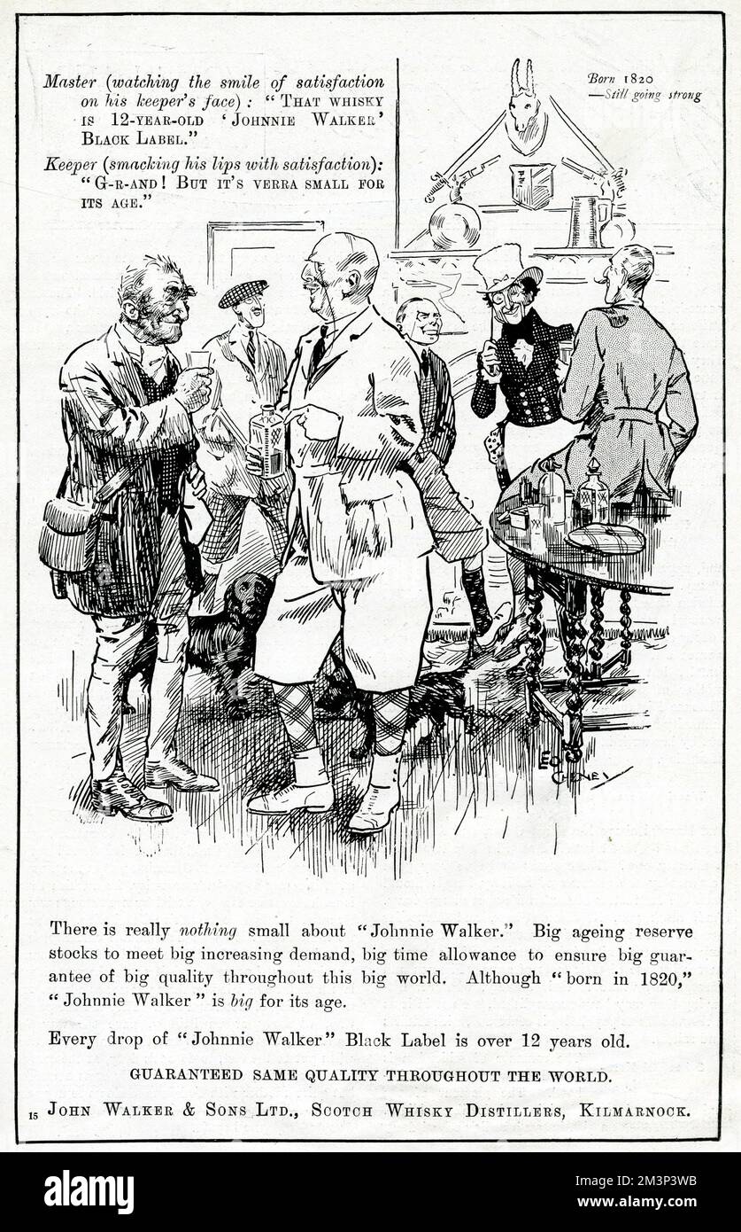 Publicité pour le whisky Johnnie Walker Black Label. Né en 1820 -- toujours en forte. Chaque goutte a plus de 12 ans. Date: 1914 Banque D'Images