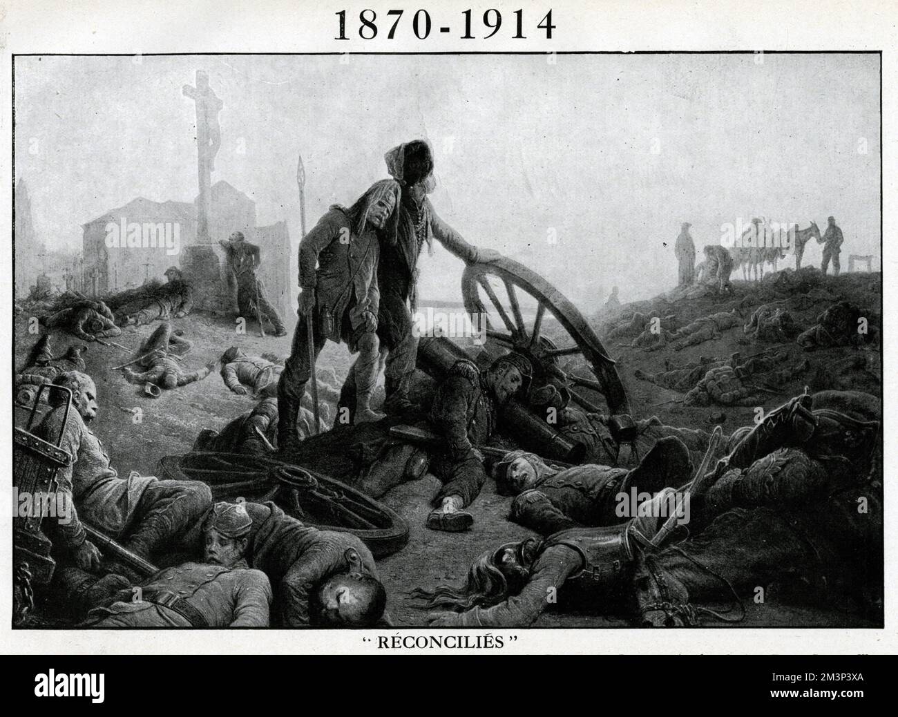 Une scène de dévastation après une bataille, avec le titre 1870-1914 -- une référence à deux périodes de l'histoire où la France et la Prusse étaient en conflit, la guerre franco-prussienne de 1870-1 et le début de la première Guerre mondiale. Dit être basé sur un tableau de Gustave Dore. 1914 Banque D'Images