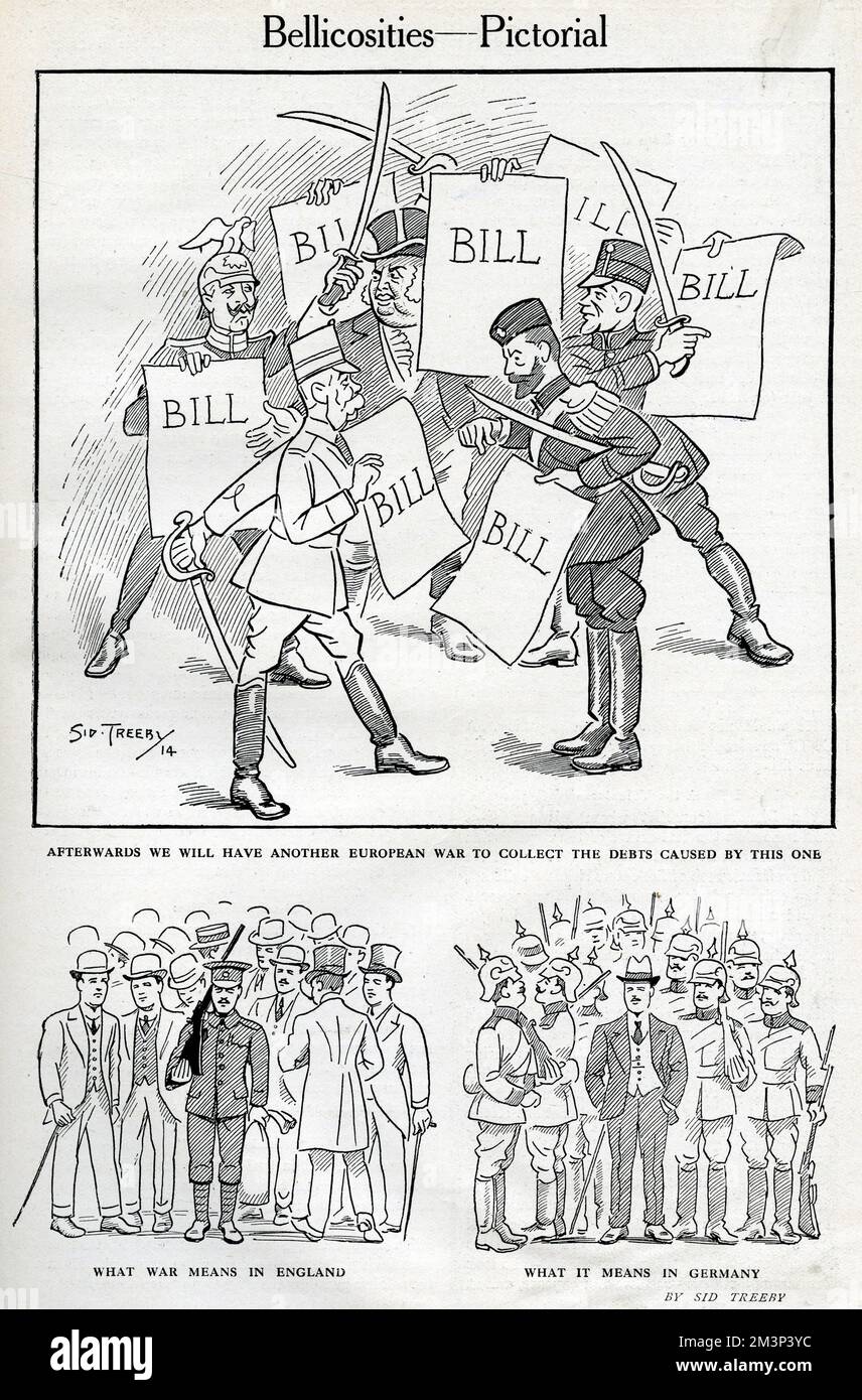 Trois caricatures au début de la première Guerre mondiale : au sommet, un commentaire sur la nécessité d'une autre guerre pour recouvrer les dettes de celle-ci, avec des chefs d'État qui présentent leurs factures ; et deux autres contrastant : Ce que signifie la guerre en Angleterre (un soldat et de nombreux civils) et ce qu'elle signifie en Allemagne (un civil et plusieurs soldats). Date : août 1914 Banque D'Images