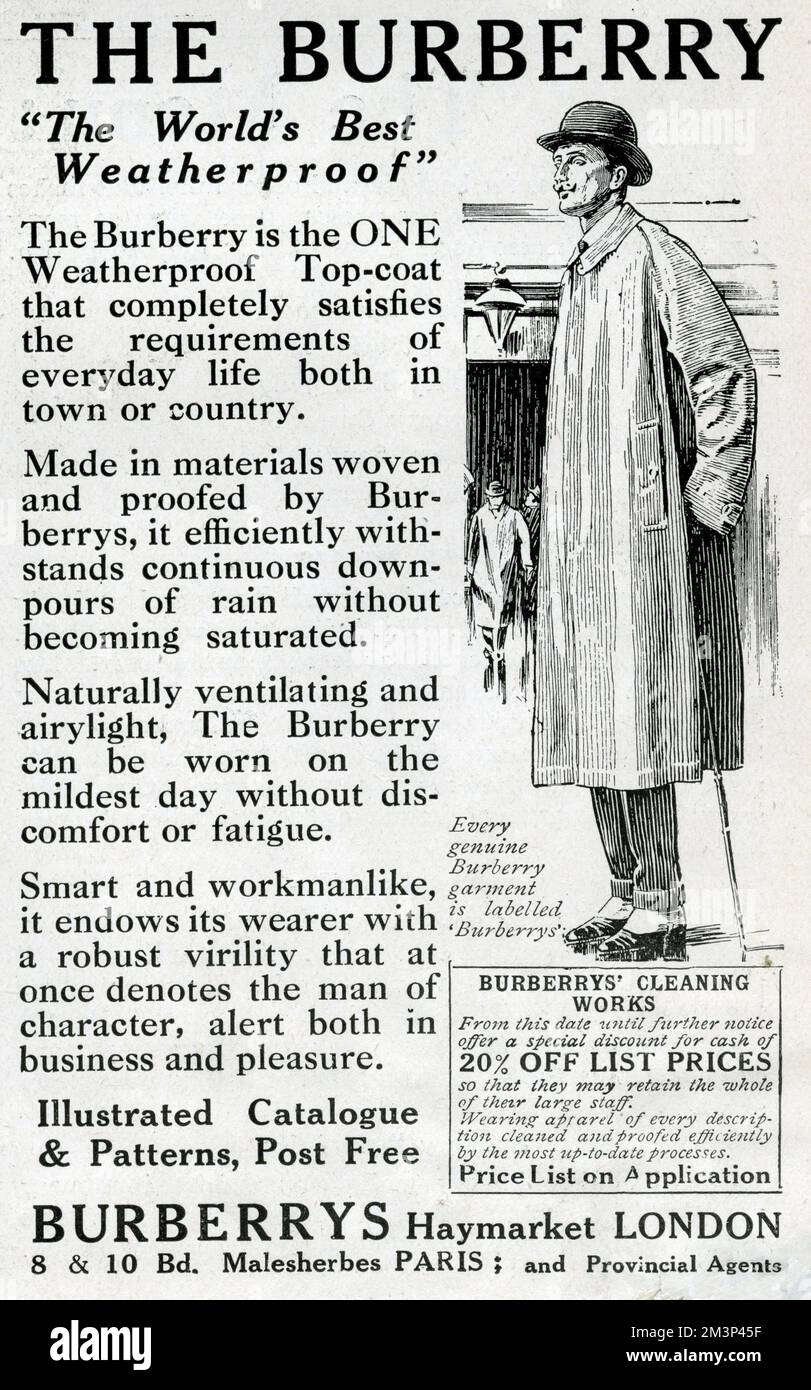 Publicité pour la couche de finition ou imperméable Burberry, conçue pour  une utilisation en ville et en campagne. Montrant un homme en manteau,  chapeau de melon et pantalon avec des turnups. 1914