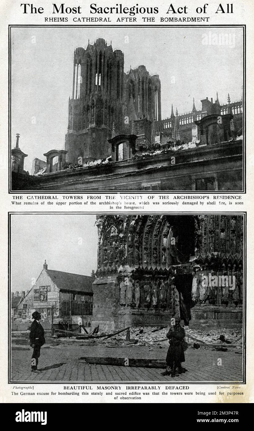 Deux vues sur la cathédrale de Reims, en France, après avoir été bombardé par les Allemands pendant la première Guerre mondiale. Date : septembre 1914 Banque D'Images