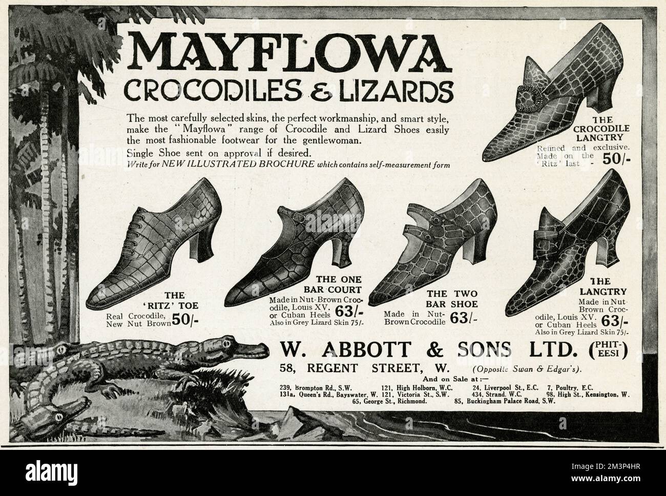Publicité pour Mayflowa crocodile et lézard chaussures pour femmes 1923 Banque D'Images