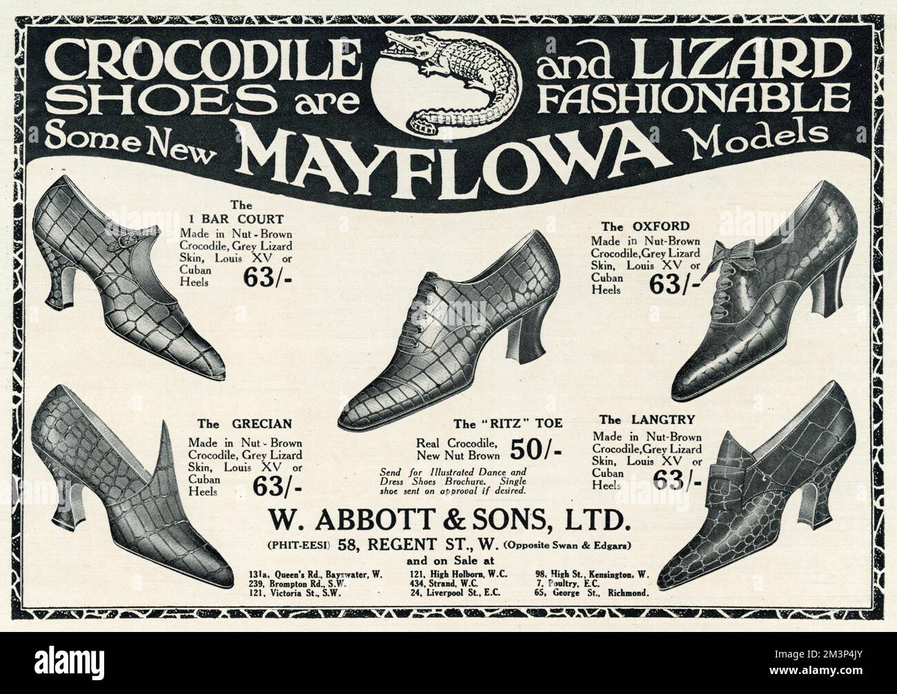 Publicité pour Mayflowa crocodile et lézard chaussures pour femmes 1923 Banque D'Images
