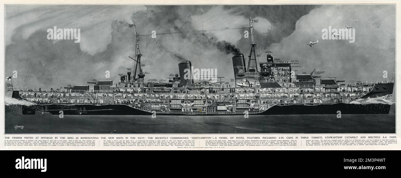 Le croiseur visité à Spithead par le roi comme représentant les nouvelles unités de la Marine: Le récemment commandé Southampton, un navire de nouvelles caractéristiques, y compris des canons de 6 pouces en tricots, catapulte de navire de guerre et de multiples canons AA. Banque D'Images