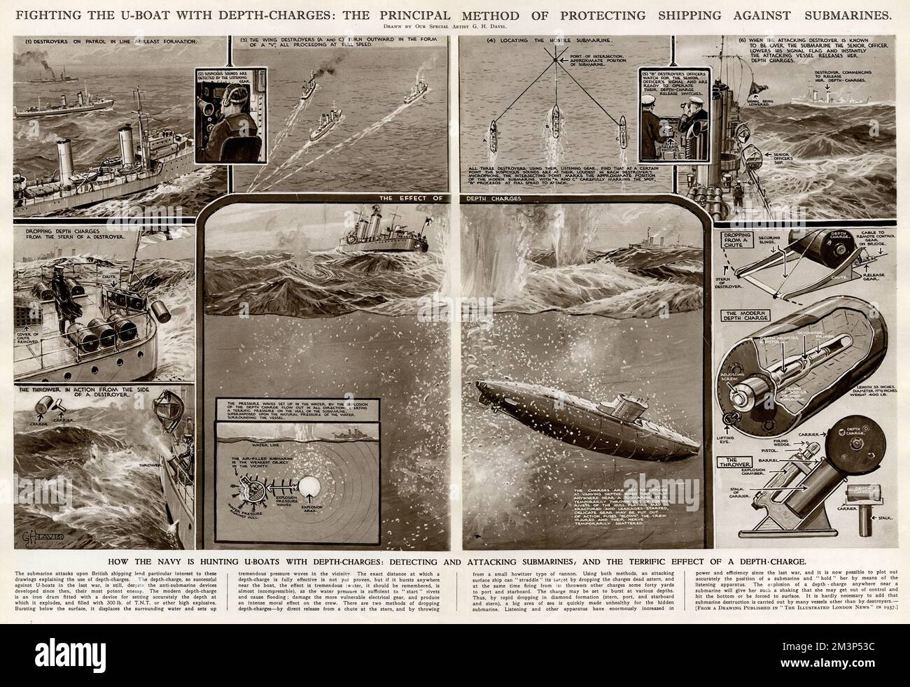 Combattre le U-boat avec des charges de profondeur: La principale méthode de protection des navires contre les sous-marins. Comment la Marine chasse les U-bateaux avec des charges de profondeur: Détecter et attaquer des sous-marins, et l'effet terrible d'une charge de profondeur. Date: 1939 Banque D'Images