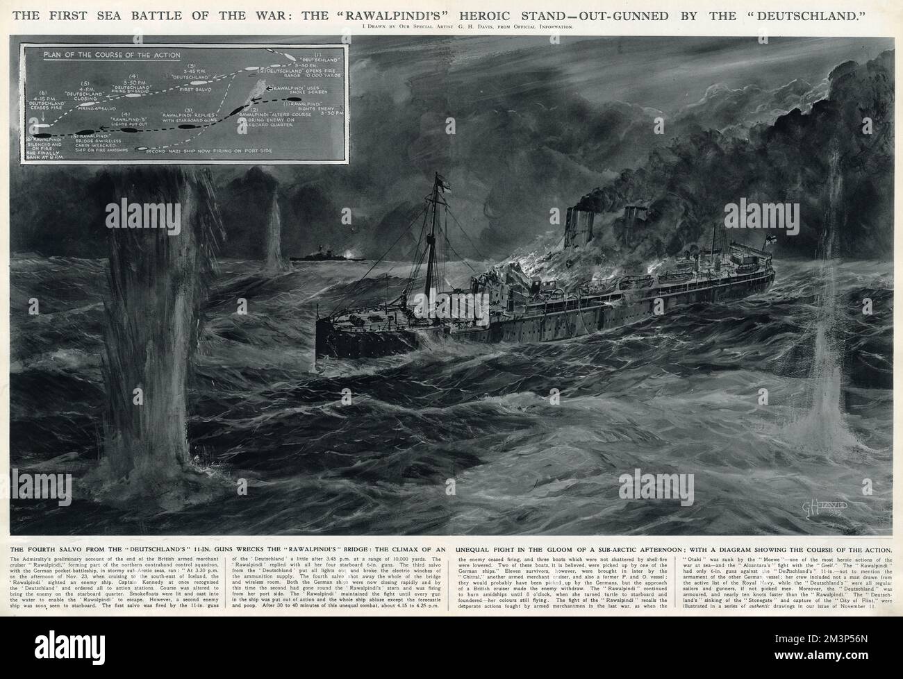 La première bataille maritime de la Seconde Guerre mondiale : la position héroïque du croiseur britannique Rawalpindi armé, surmontée par l'Allemagne. La quatrième salve de l'Allemagne détruit le pont de Rawalpindi : le point culminant d'une lutte inégale dans le contexte d'un après-midi sous-arctique, avec un diagramme montrant le déroulement de l'action. Date : 23 novembre 1939 Banque D'Images