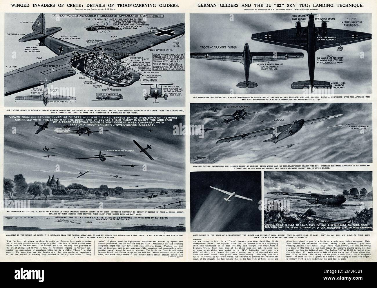 Envahisseurs ailés de Crète: Détails des planeurs de troupes pendant la Seconde Guerre mondiale. Les planeurs allemands et le Sky Tug JU52; technique d'atterrissage. Date: 1941 Banque D'Images