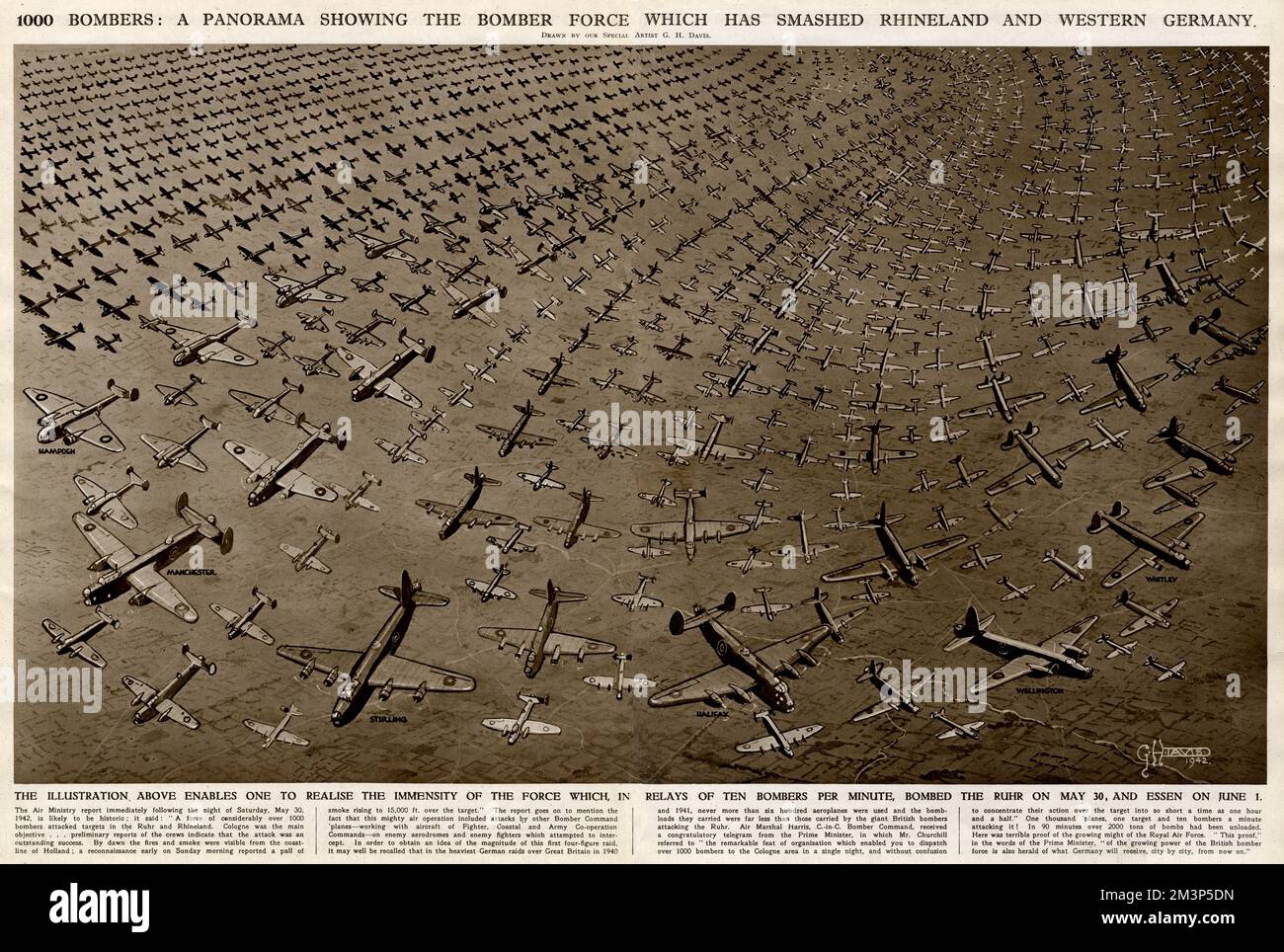 1000 bombardiers : un panorama montrant la force d'bombardiers alliés qui a attaqué la Rhénanie et l'Allemagne de l'Ouest, au rythme de dix bombardiers par minute. Les objectifs étaient la Ruhr le 30 mai et Essen le 1 juin. Date : mai-juin 1942 Banque D'Images