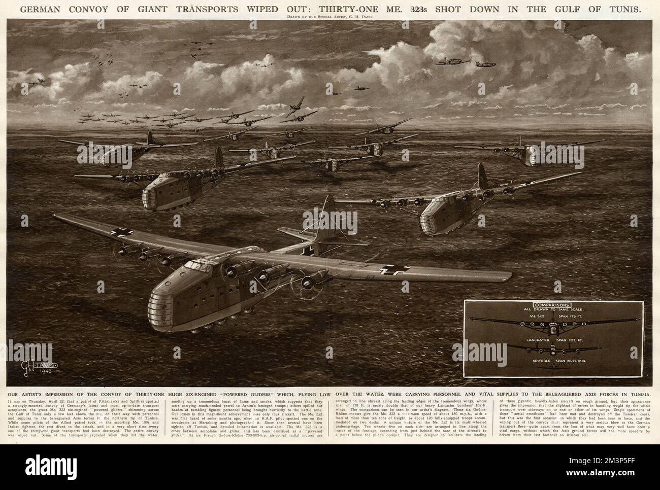 Un convoi allemand de transports géants a été détruit: 31 Messerschmitt ME323s abattu dans le golfe de Tunis, deuxième Guerre mondiale. Les gros avions à six moteurs transportaient du personnel et des fournitures essentielles aux forces de l'axe en Tunisie. Date : 22 avril 1943 Banque D'Images